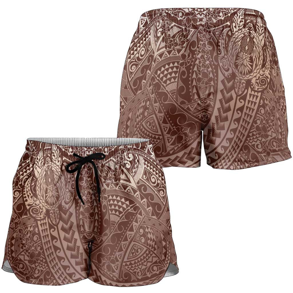 Hawaiian Turtles and Leis Shorts for Women Tribal Kakau Pattern Mocha Mousse Color LT03 - Polynesian Pride