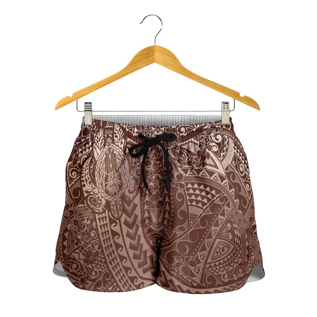 Hawaiian Turtles and Leis Shorts for Women Tribal Kakau Pattern Mocha Mousse Color LT03 - Polynesian Pride