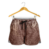 Hawaiian Turtles and Leis Shorts for Women Tribal Kakau Pattern Mocha Mousse Color LT03 - Polynesian Pride