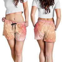 Hawaiian Turtles and Leis Shorts for Women Tribal Kakau Pattern Peach Fuzz Color LT03 - Polynesian Pride