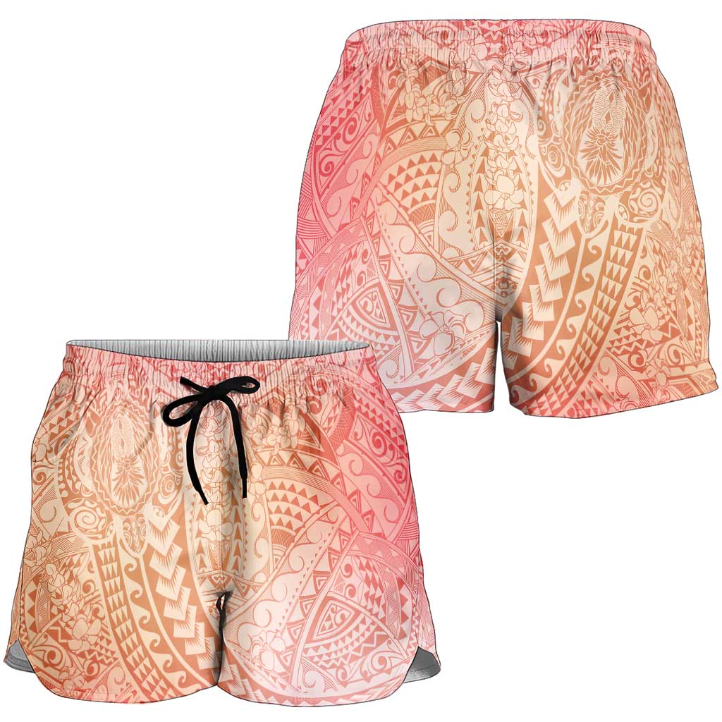 Hawaiian Turtles and Leis Shorts for Women Tribal Kakau Pattern Peach Fuzz Color LT03 - Polynesian Pride