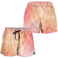 Hawaiian Turtles and Leis Shorts for Women Tribal Kakau Pattern Peach Fuzz Color LT03 - Polynesian Pride