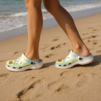 Hawaiian Ukulele Avocado Clogs Shoes Leis and Polynesian Pattern