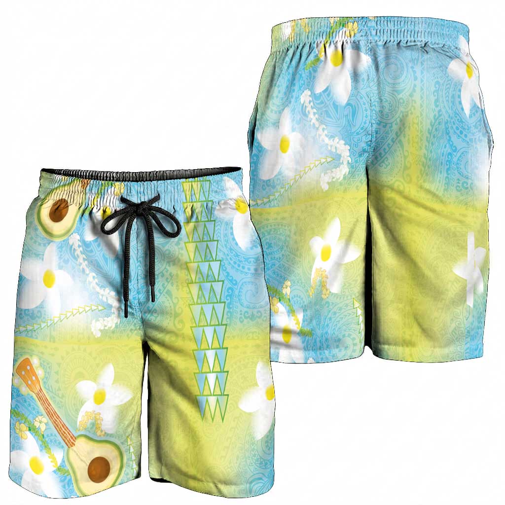 Hawaiian Ukulele Avocado Shorts for Men Leis and Polynesian Pattern