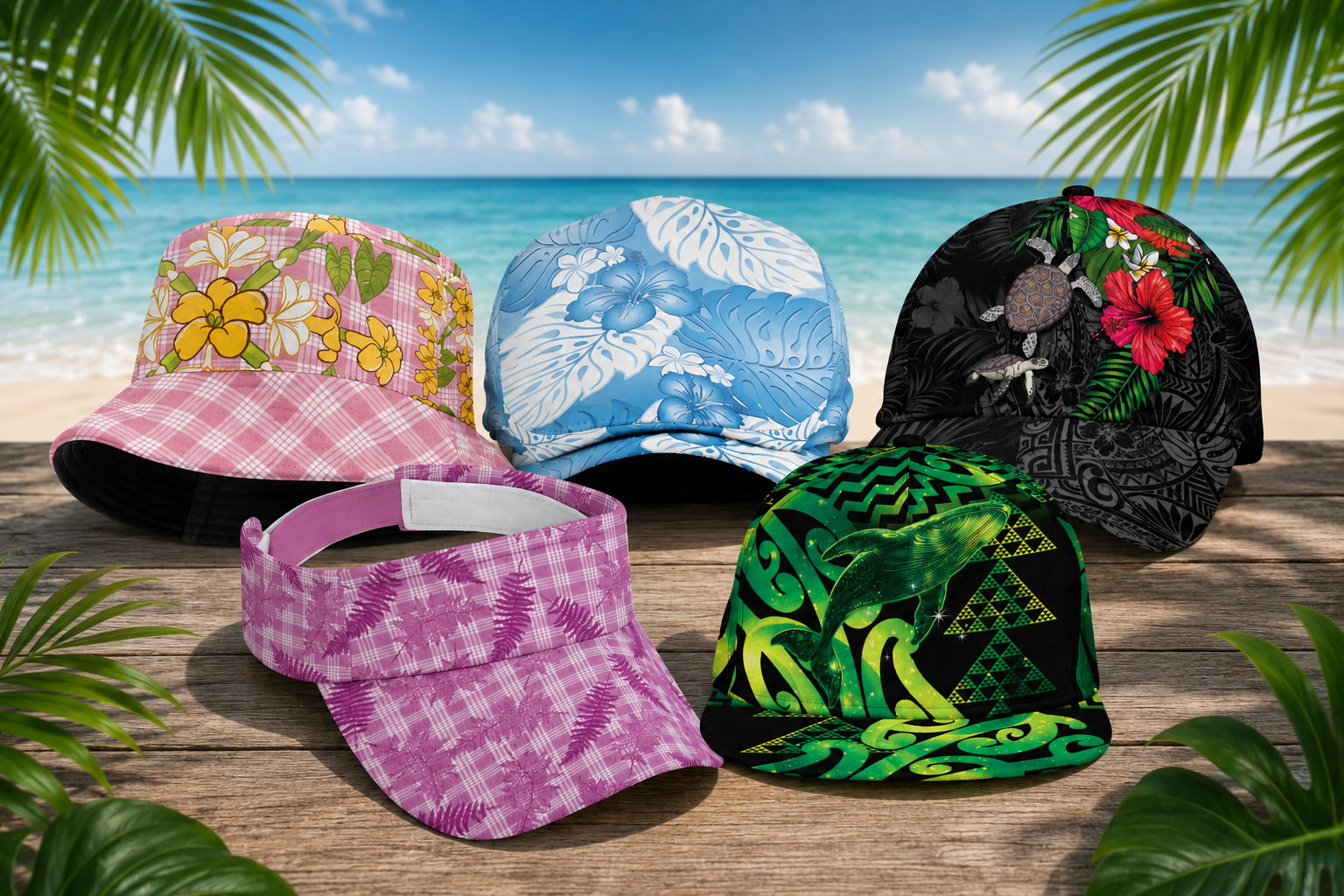 Colorful Polynesia caps with floral and geometric patterns on a wooden surface with a beach background