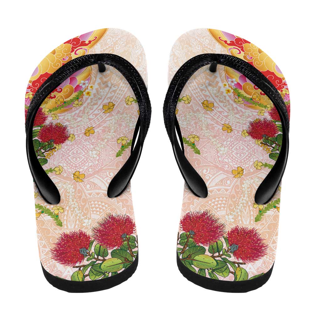 Japanese and Hawaiian Culture Fusion Flip Flops Irezumi with Turtles and Lei Kakau Pattern Sunset Vibe LT03 - Polynesian Pride