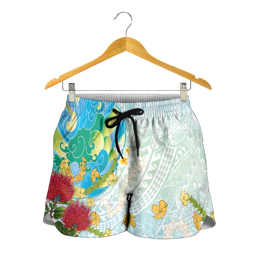 Japanese and Hawaiian Culture Fusion Shorts for Women Irezumi with Turtles and Lei Kakau Pattern Fresh Vibe LT03 - Polynesian Pride