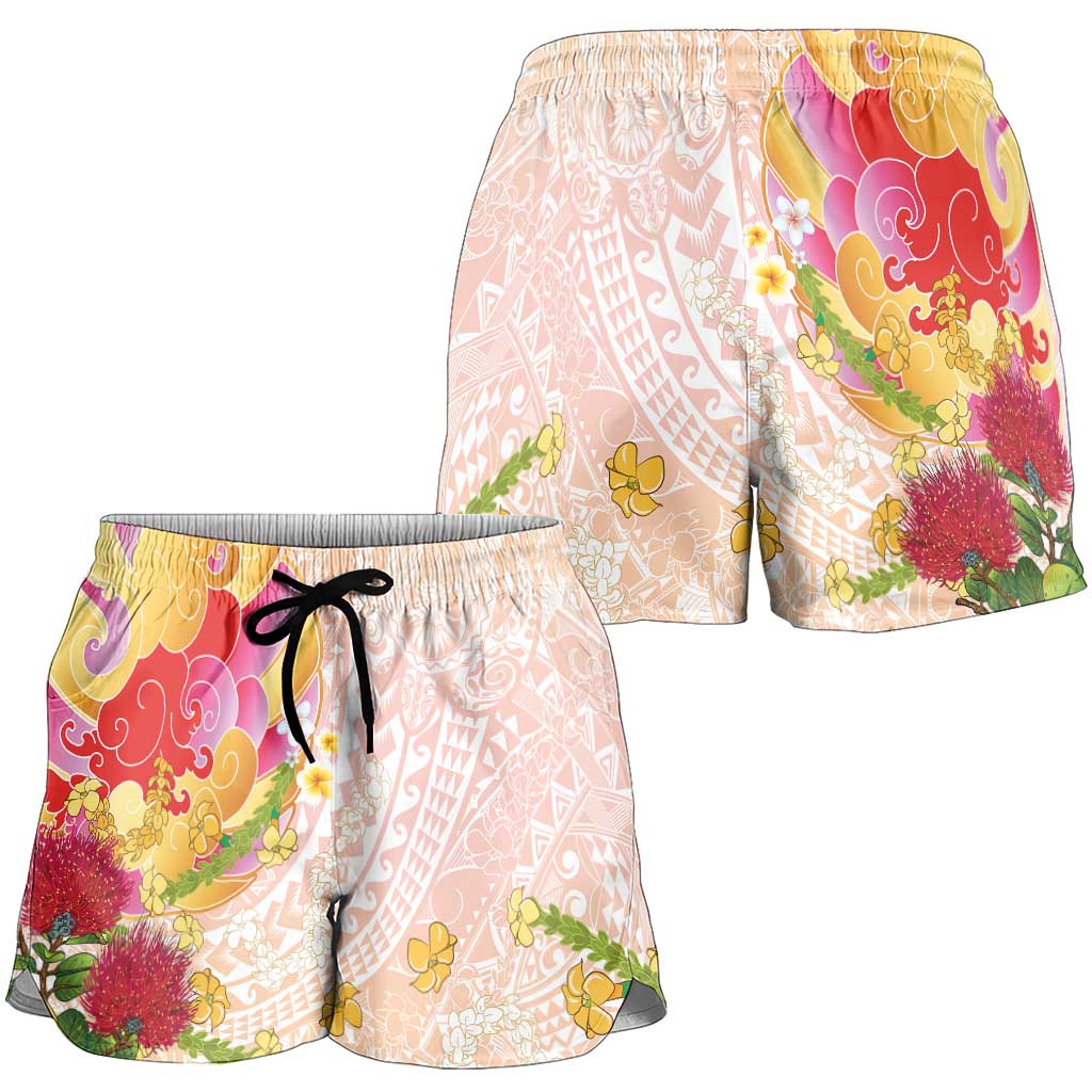 Japanese and Hawaiian Culture Fusion Shorts for Women Irezumi with Turtles and Lei Kakau Pattern Sunset Vibe LT03 - Polynesian Pride