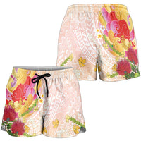 Japanese and Hawaiian Culture Fusion Shorts for Women Irezumi with Turtles and Lei Kakau Pattern Sunset Vibe LT03 - Polynesian Pride