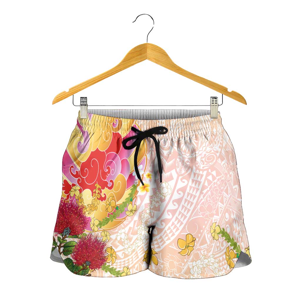 Japanese and Hawaiian Culture Fusion Shorts for Women Irezumi with Turtles and Lei Kakau Pattern Sunset Vibe LT03 - Polynesian Pride