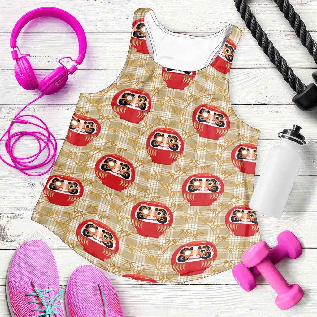 Japanese Daruma Doll Women Racerback Tank Palaka With Seamless Bamboo Pattern LT14 Beige - Polynesian Pride