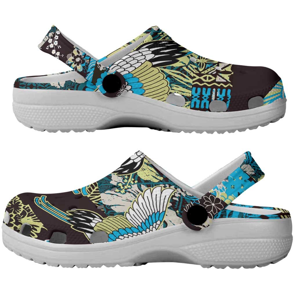 Japanese Hawaiian Crane Clogs Shoes Blue Tapa Patchwork Pattern LT9 - Polynesian Pride