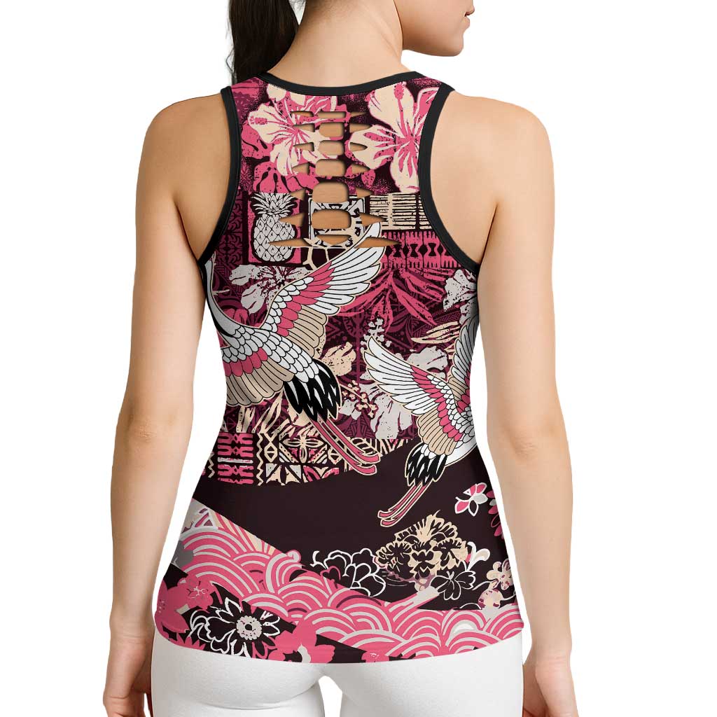 Japanese Hawaiian Crane Hollow Tank Top Soft Pink Tapa Patchwork Pattern