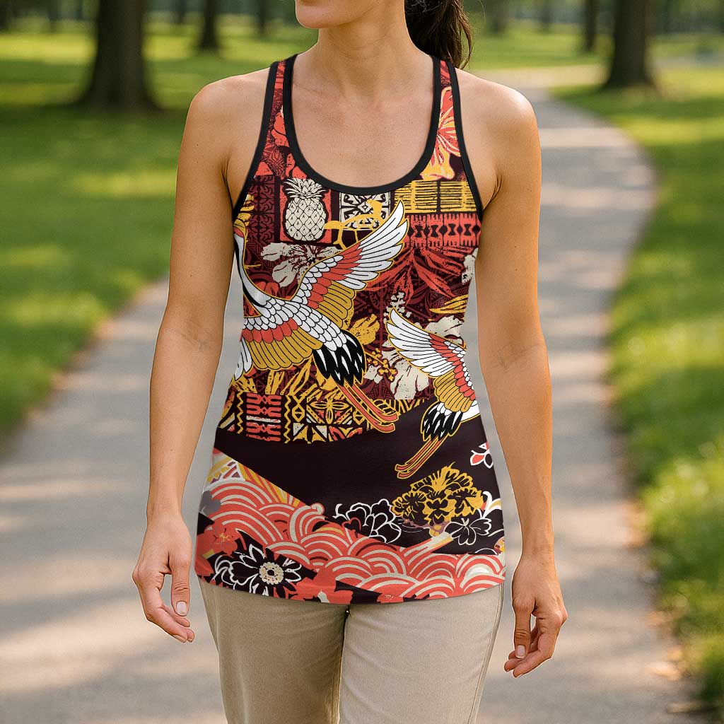 Japanese Hawaiian Crane Hollow Tank Top Yellow Ochre Tapa Patchwork Pattern
