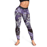 Japanese Hawaiian Crane Leggings Purple Tapa Patchwork Pattern
