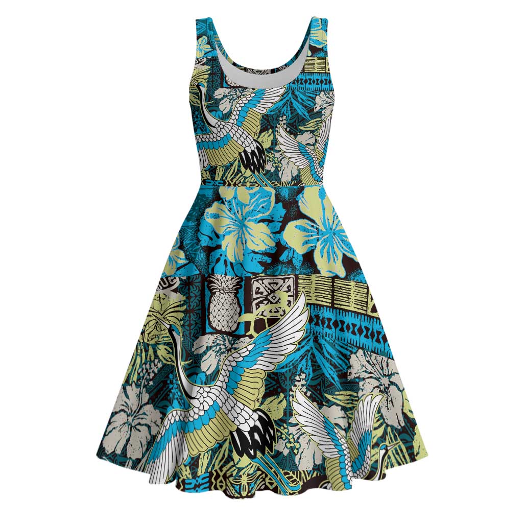 Japanese Hawaiian Crane Midi Dress Blue Tapa Patchwork Pattern LT9 Blue - Polynesian Pride