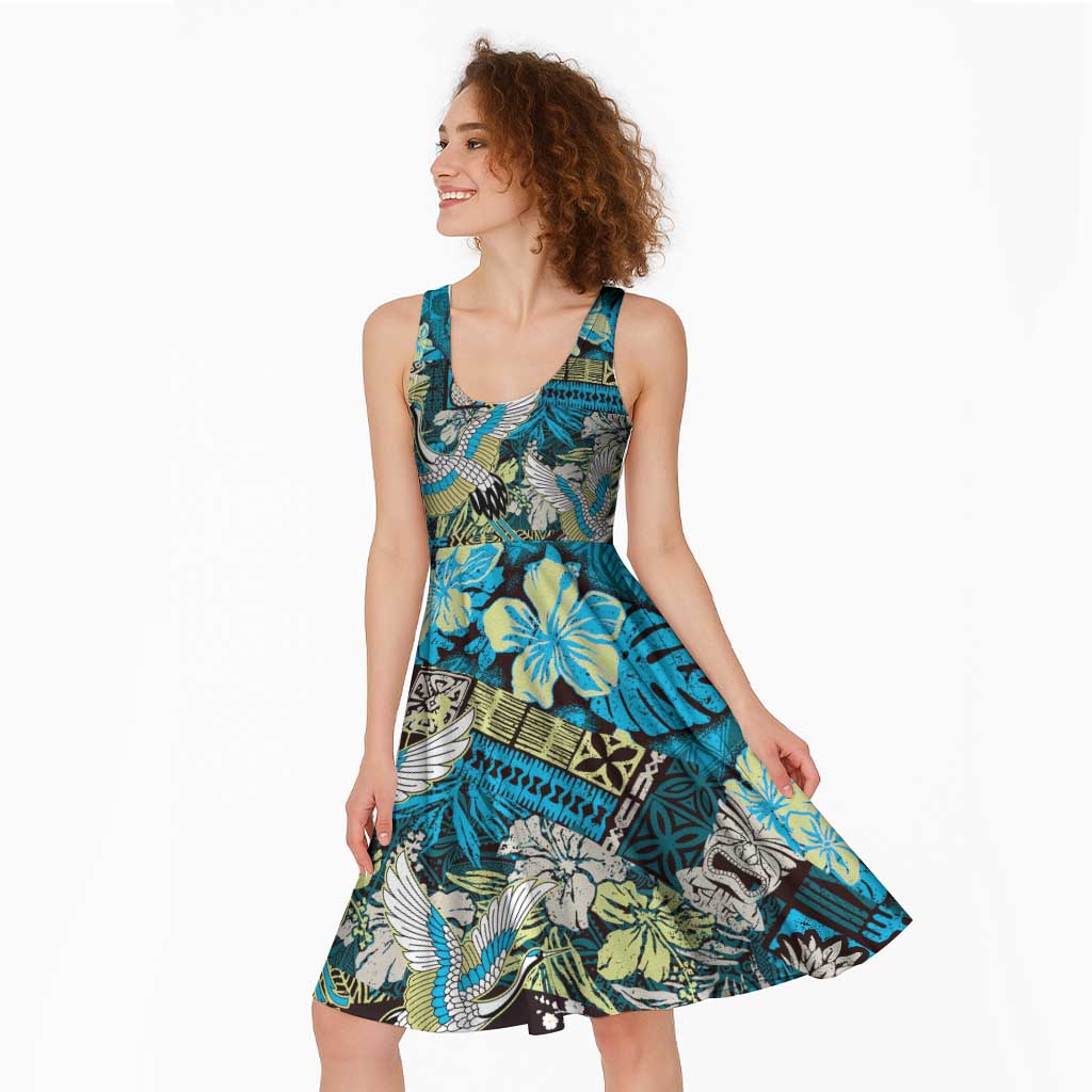 Japanese Hawaiian Crane Midi Dress Blue Tapa Patchwork Pattern LT9 - Polynesian Pride