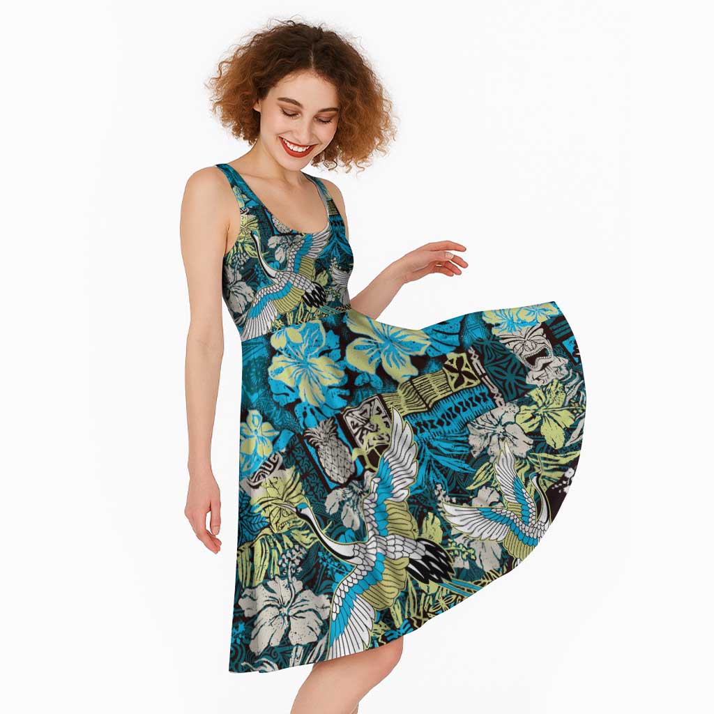Japanese Hawaiian Crane Midi Dress Blue Tapa Patchwork Pattern LT9 - Polynesian Pride