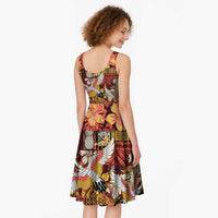 Japanese Hawaiian Crane Midi Dress Yellow Ochre Tapa Patchwork Pattern LT9 - Polynesian Pride