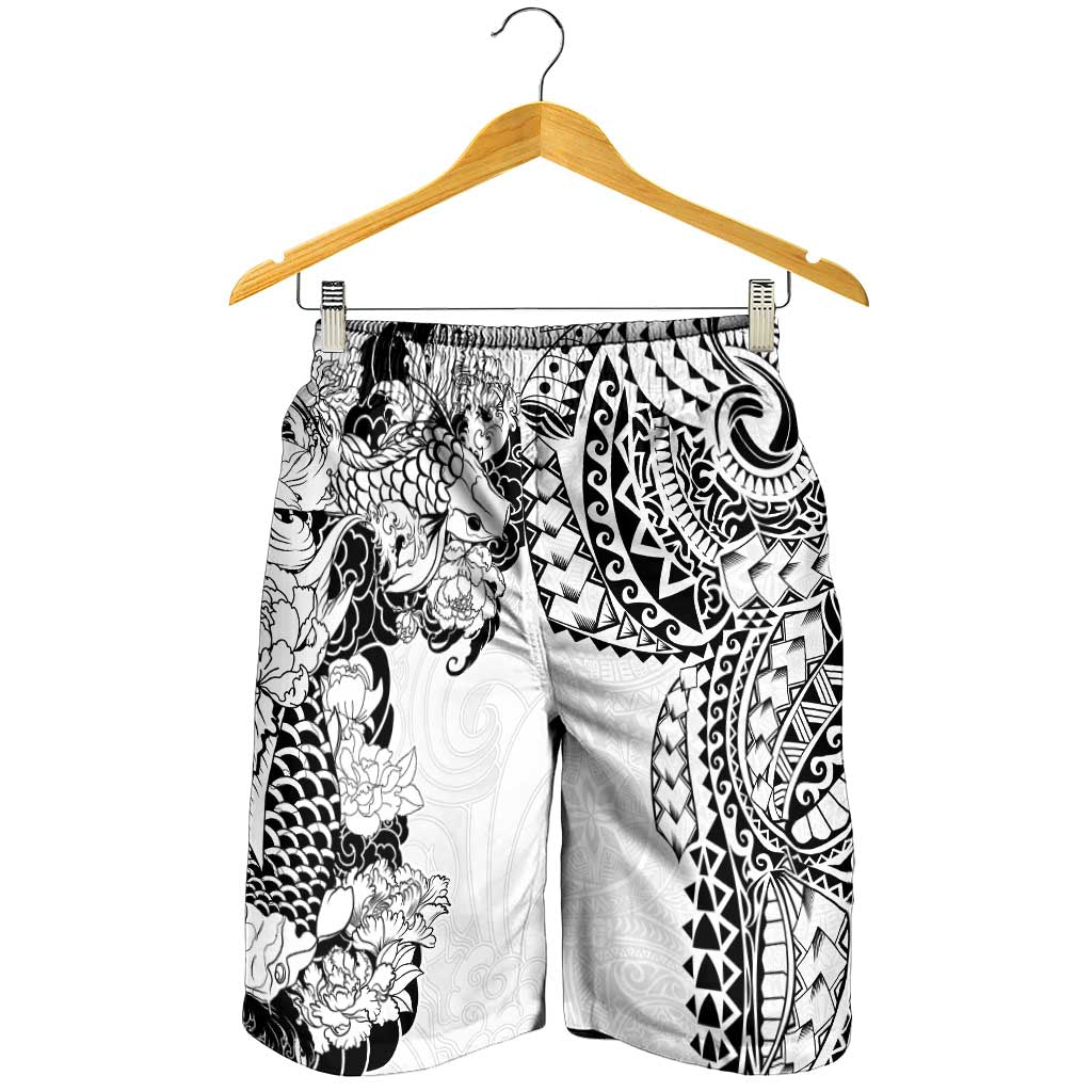 Japanese Irezumi and Hawaiian Polynesian Art Tattoo Shorts for Men White Color - Polynesian Pride