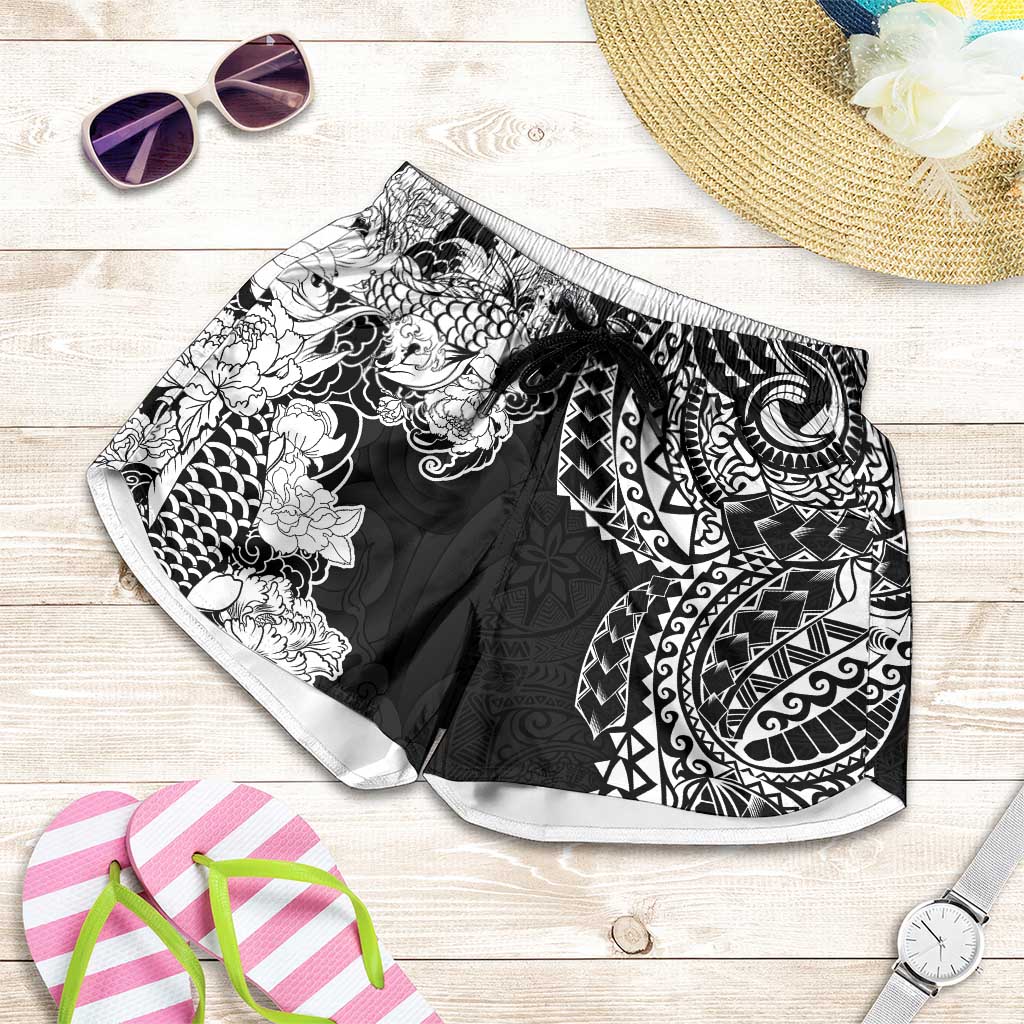 Japanese Irezumi and Hawaiian Polynesian Art Tattoo Shorts for Women Black Color - Polynesian Pride