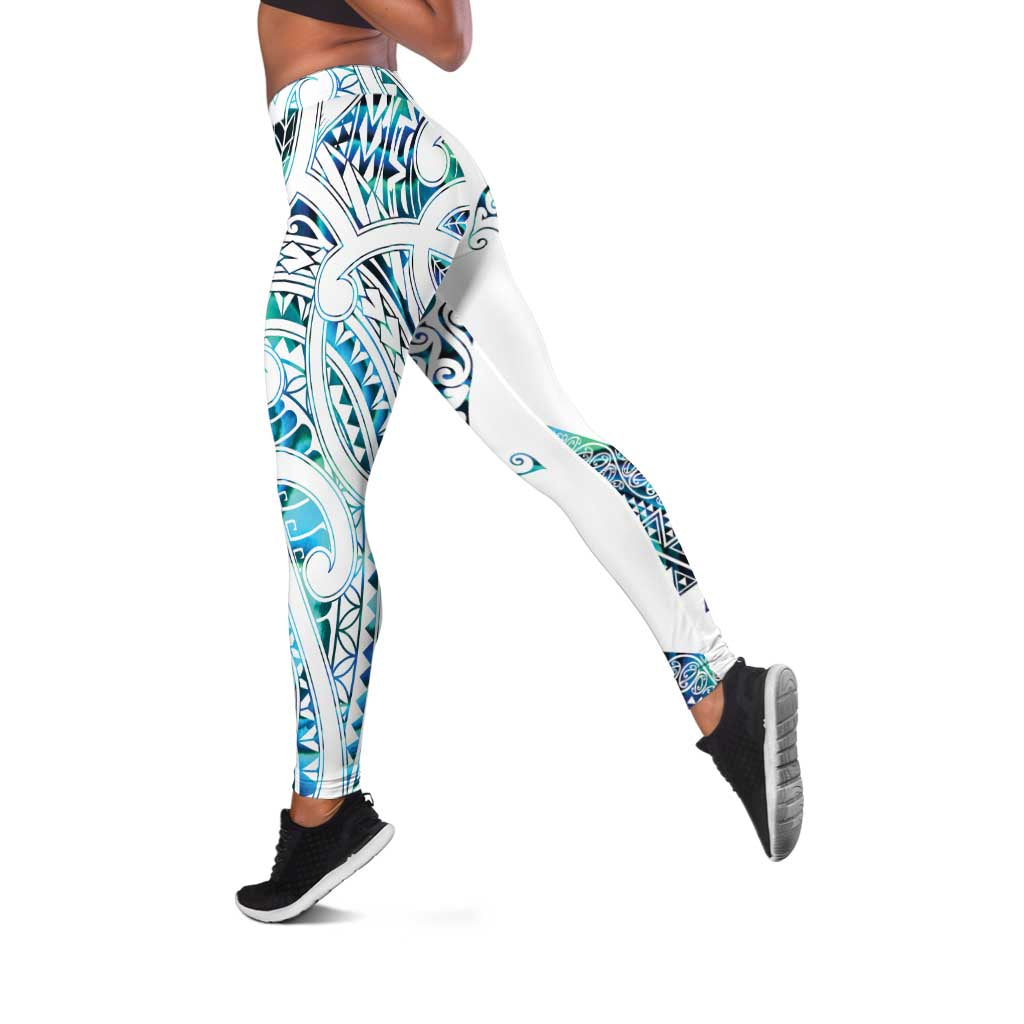 Kahui Whetu Paua Shell Kowhaiwhai Taniko Leggings Manta Ray Shark-Turtle Maori Tribal Style LT9 Blue - Polynesian Pride