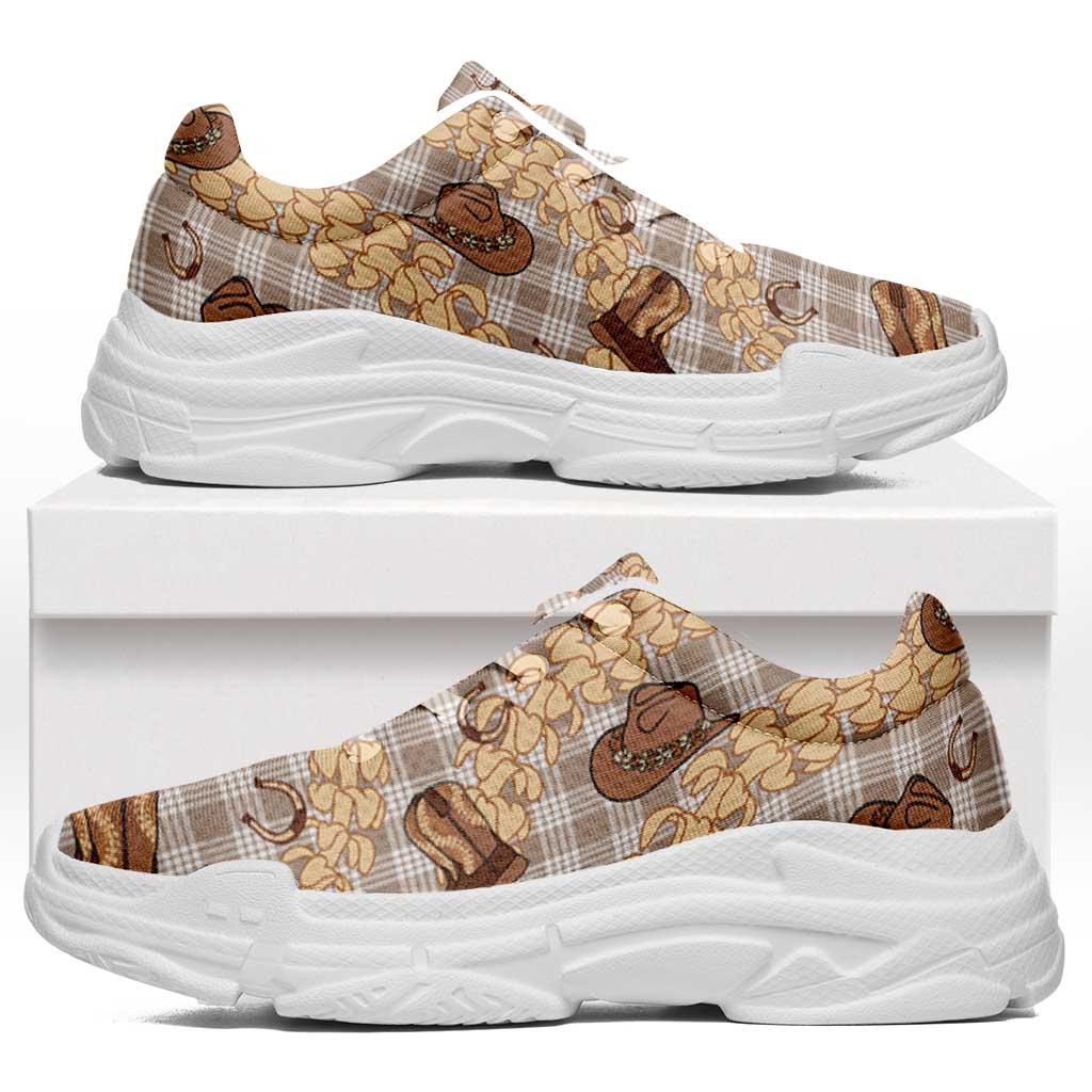 Khaki Palaka Hawaii Cowboy Chunky Sneakers Puakenikeni Lei Paniolo Papale Seamless Vibes - Polynesian Pride