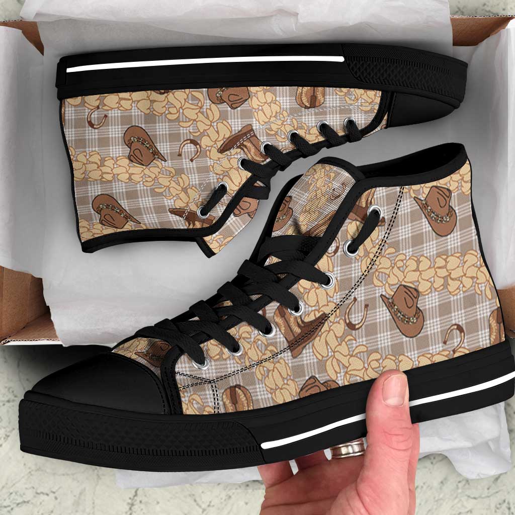 Khaki Palaka Hawaii Cowboy High Top Shoes Puakenikeni Lei Paniolo Papale Seamless Vibes - Polynesian Pride