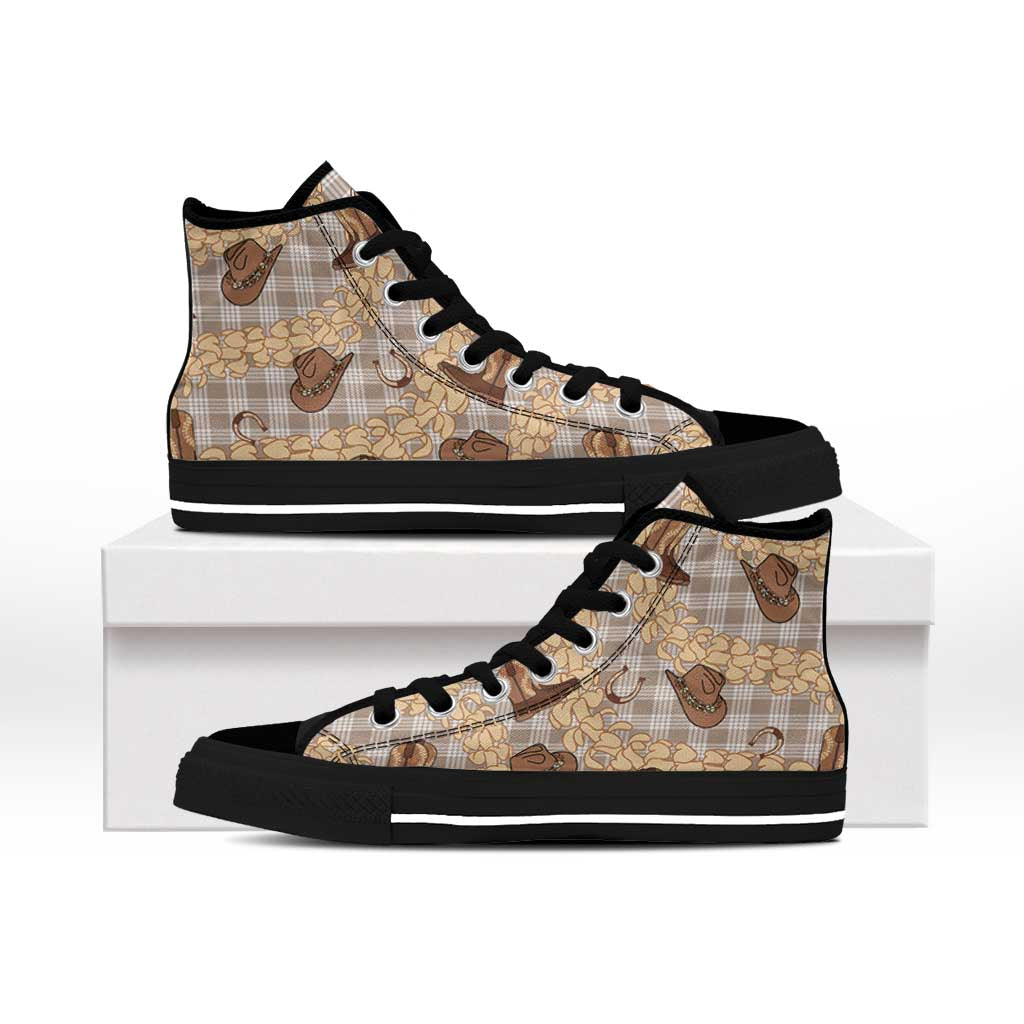 Khaki Palaka Hawaii Cowboy High Top Shoes Puakenikeni Lei Paniolo Papale Seamless Vibes - Polynesian Pride