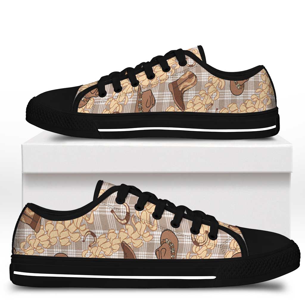 Khaki Palaka Hawaii Cowboy Low Top Shoes Puakenikeni Lei Paniolo Papale Seamless Vibes - Polynesian Pride