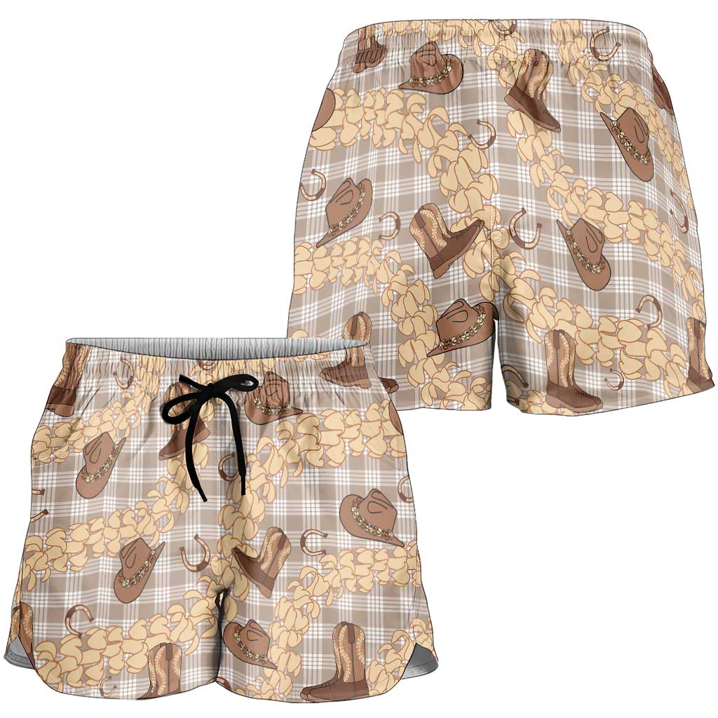 Khaki Palaka Hawaii Cowboy Shorts for Women Puakenikeni Lei Paniolo Papale Seamless Vibes - Polynesian Pride