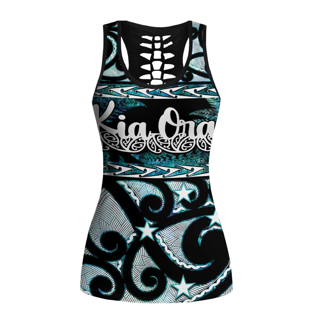 Kia Ora New Zealand Hollow Tank Top Aotearoa Proud Maori Paua Shell Silver Fern - Polynesian Pride