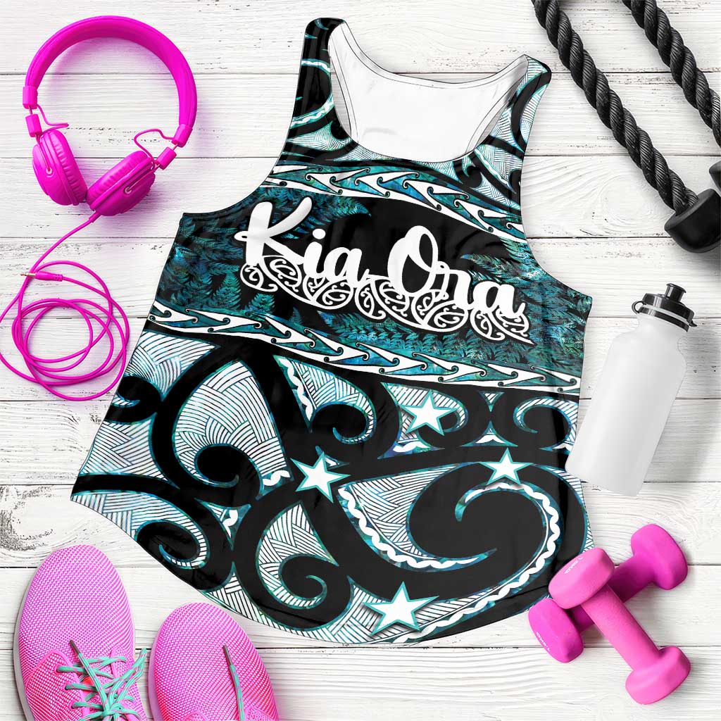 Kia Ora New Zealand Women Racerback Tank Aotearoa Proud Maori Paua Shell Silver Fern - Polynesian Pride