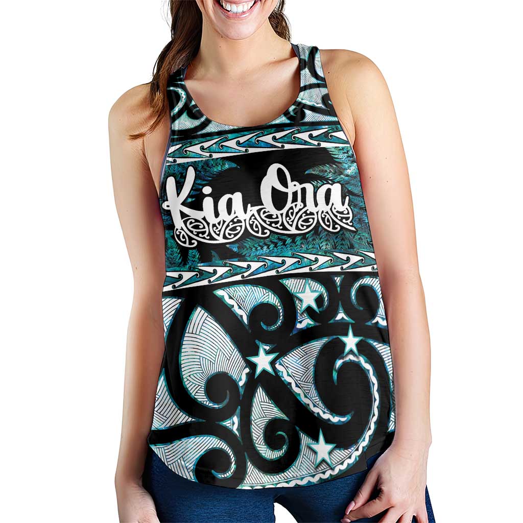 Kia Ora New Zealand Women Racerback Tank Aotearoa Proud Maori Paua Shell Silver Fern - Polynesian Pride