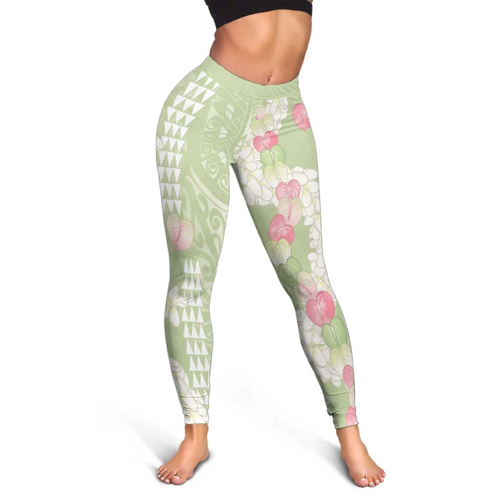 Leaf Green Hawaii Anthurium Plumeria Lei Leggings