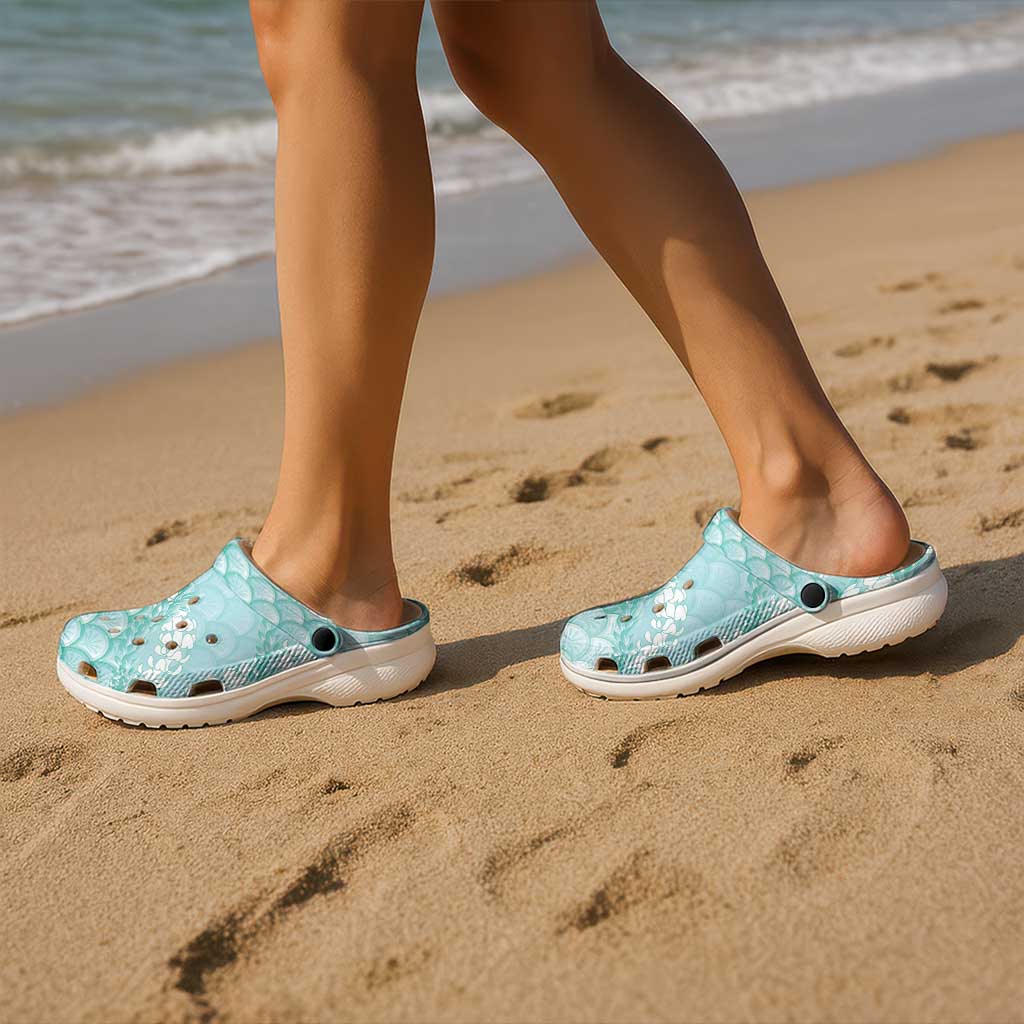 Light Turquoise Mermaid Puakenikeni Maile Lei Clogs Shoes