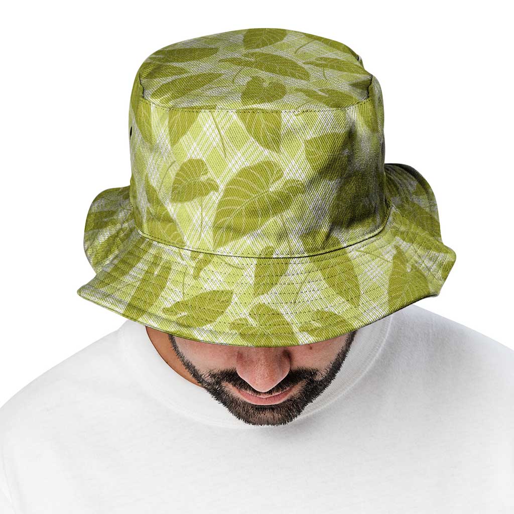 Lime Green Hawaii Kalo Palaka Motifs Bucket Hat Hawaiian Taro Leaves Elegant Vibes