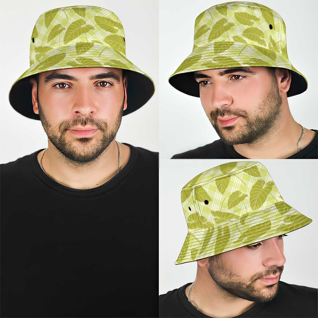 Lime Green Hawaii Kalo Palaka Motifs Bucket Hat Hawaiian Taro Leaves Elegant Vibes