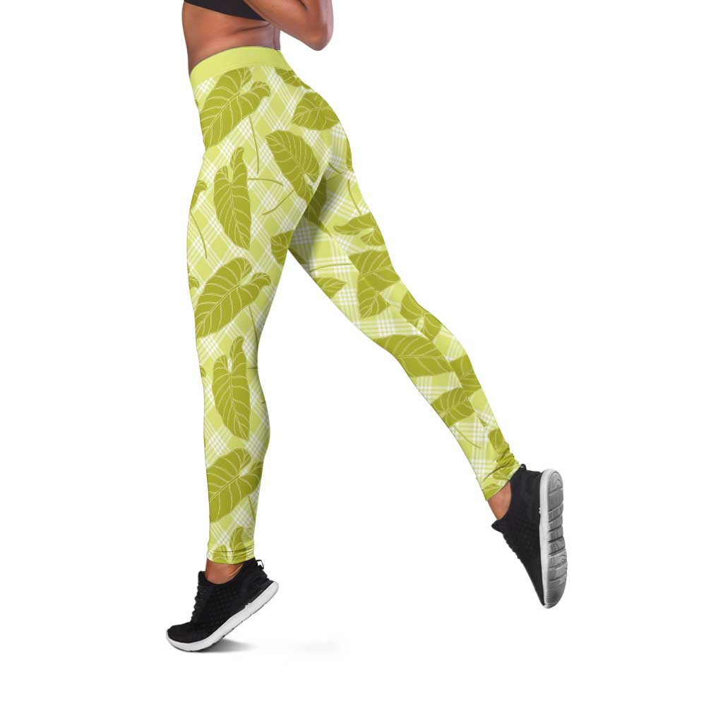 Lime Green Hawaii Kalo Palaka Motifs Leggings Hawaiian Taro Leaves Elegant Vibes
