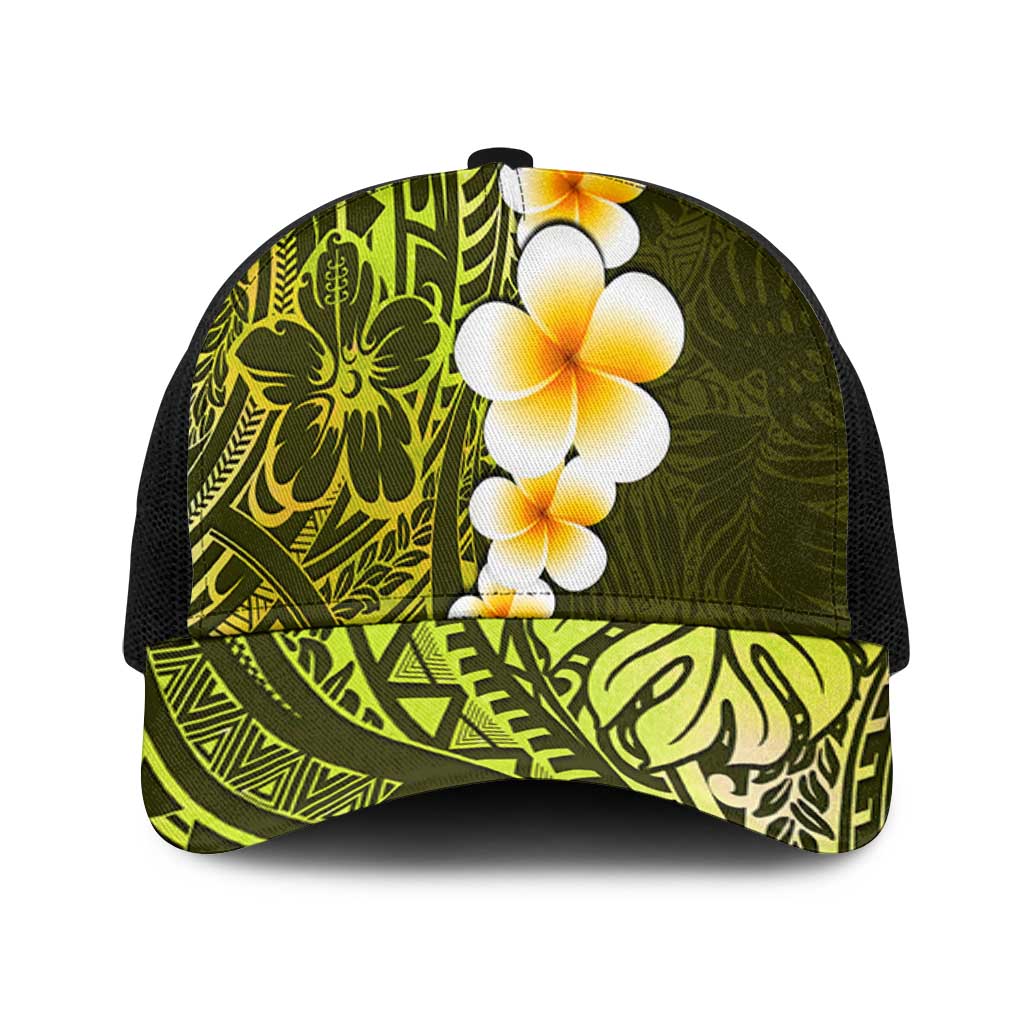 Lime Green Polynesia Baseball Net Cap Plumeria Tropical Leaves With Galaxy Polynesian Art - Polynesian Pride