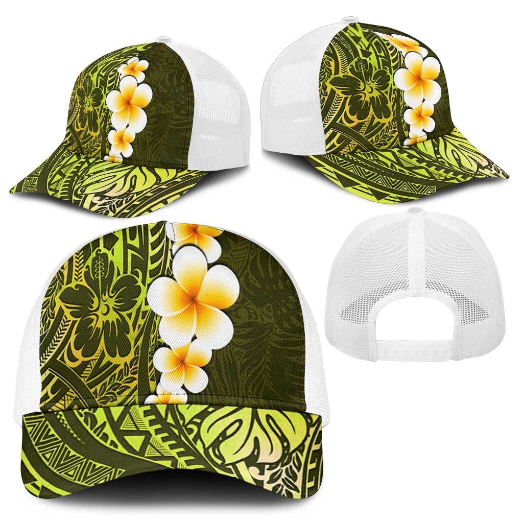 Lime Green Polynesia Baseball Net Cap Plumeria Tropical Leaves With Galaxy Polynesian Art - Polynesian Pride