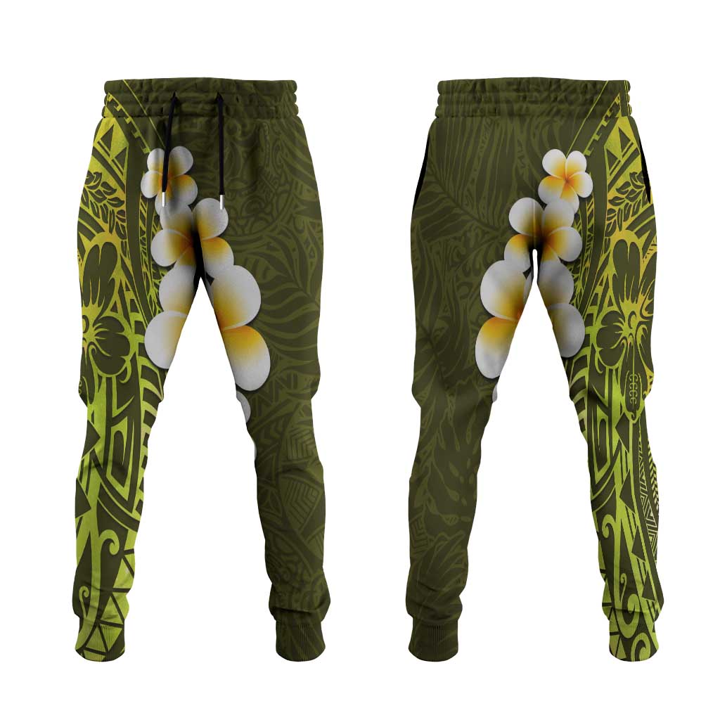 Lime Green Polynesia Jogger Pants Plumeria Tropical Leaves With Galaxy Polynesian Art - Polynesian Pride