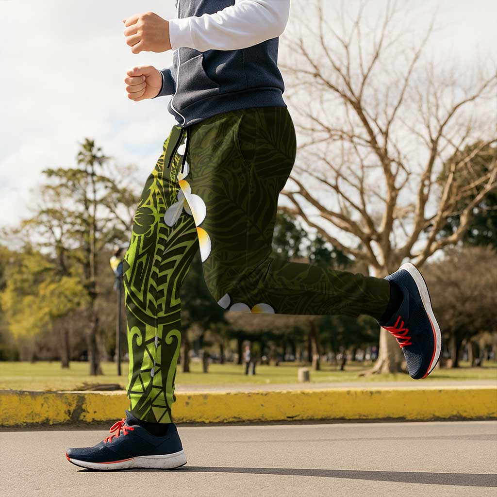 Lime Green Polynesia Jogger Pants Plumeria Tropical Leaves With Galaxy Polynesian Art - Polynesian Pride