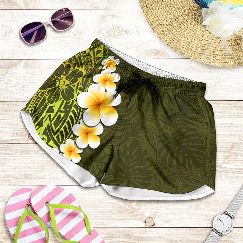 Lime Green Polynesia Shorts for Women Plumeria Tropical Leaves With Galaxy Polynesian Art LT14 Lime Green - Polynesian Pride