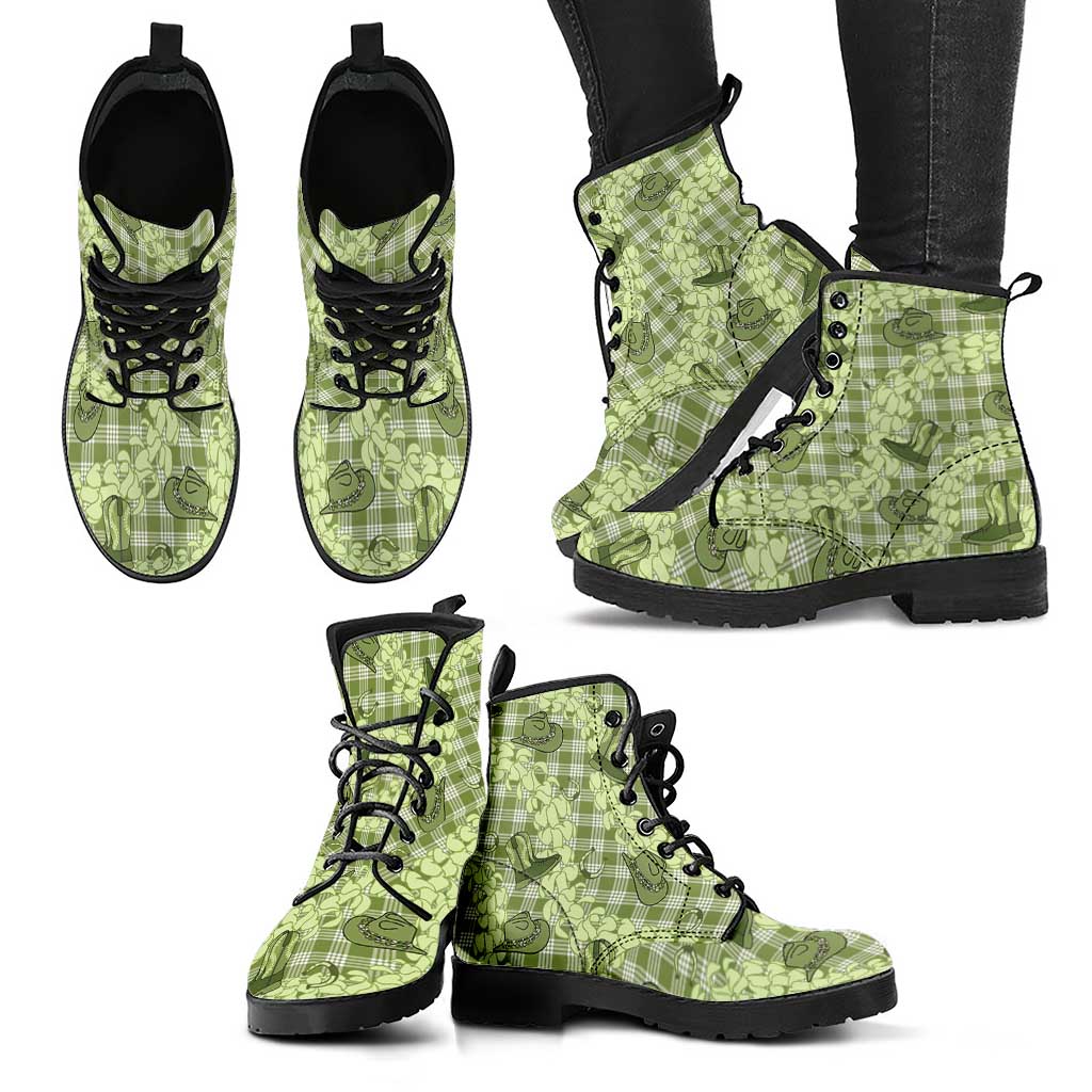Lime Palaka Hawaii Cowboy Leather Boots Puakenikeni Lei Paniolo Papale Seamless Vibes - Polynesian Pride
