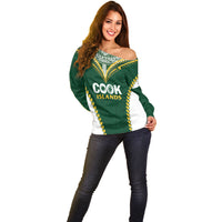 Custom Rugby League Cook Islands Off Shoulder Sweater Tribal Pattern Green Version LT01 - Polynesian Pride