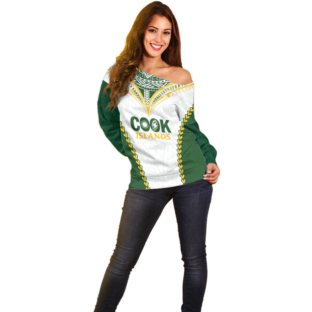 Custom Rugby League Cook Islands Off Shoulder Sweater Tribal Pattern White Version LT01 - Polynesian Pride