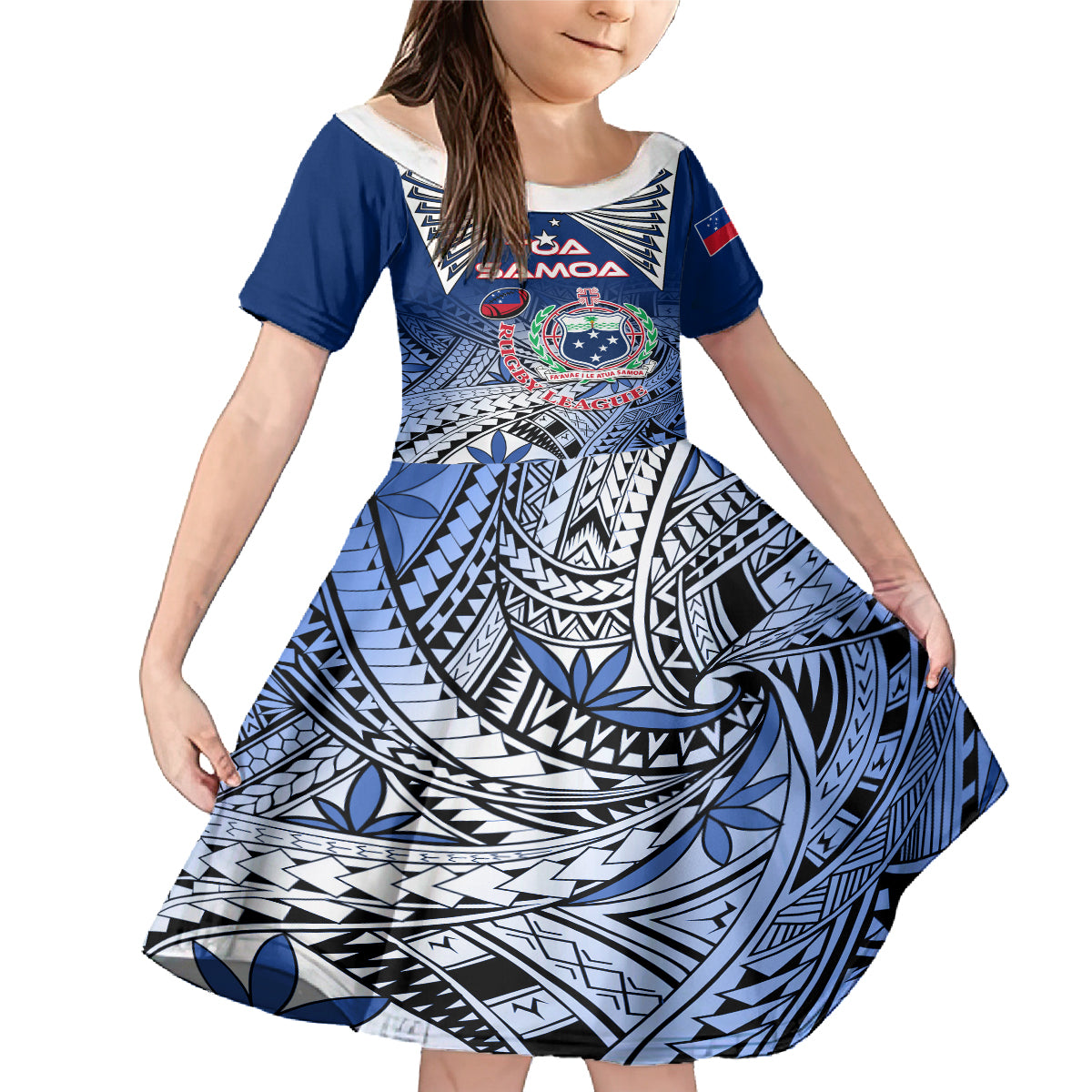Custom Samoa Rugby Family Matching Mermaid Dress and Hawaiian Shirt Toa Samoa Myriad Patterns LT01 Daughter's Dress Blue - Polynesian Pride