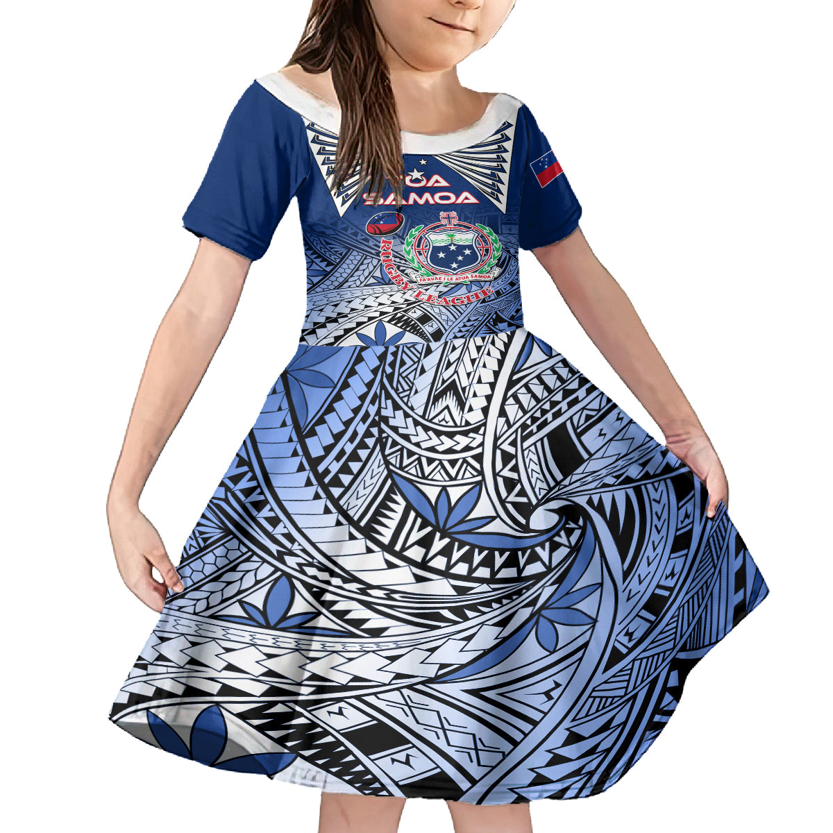 Custom Samoa Rugby Family Matching Tank Maxi Dress and Hawaiian Shirt Toa Samoa Myriad Patterns LT01 Daughter's Dress Blue - Polynesian Pride