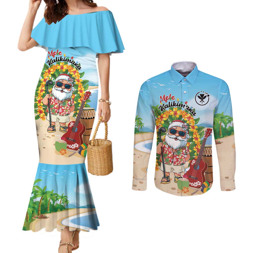 Personalized Hawaii Golf Christmas Couples Matching Mermaid Dress and Long Sleeve Button Shirt Mele Kalikimaka Funny Golfer Santa - Polynesian Pride